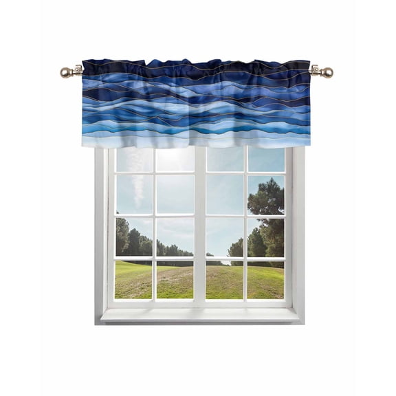 Navy Blue Ombre Kitchen Curtain Valances for Windows Farmhouse Short Curtains, Modern Moire Abstract Art Luxury Rod Pocket Valance Curtain for Bedroom Cafe Living Room 60"x18"