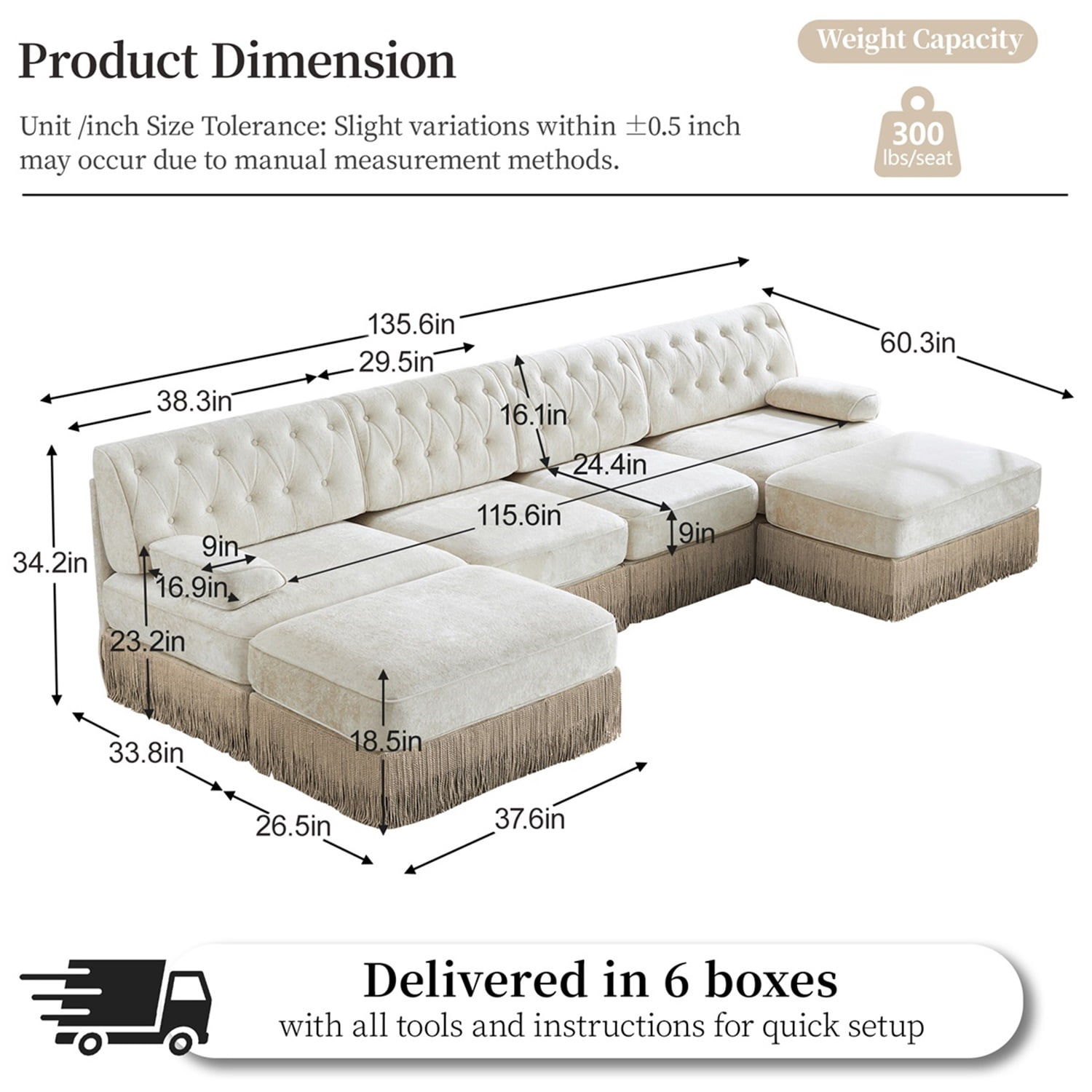 Hommoo 4-Seater Chesterfield Style Velvet Fabric U-Shaped Sectional Sofa with 2 Ottomans, Tufted Button Upholstered Design and Floor-grazing Tassel, Free Combination Sofa Couch Set, for Home, Beige
