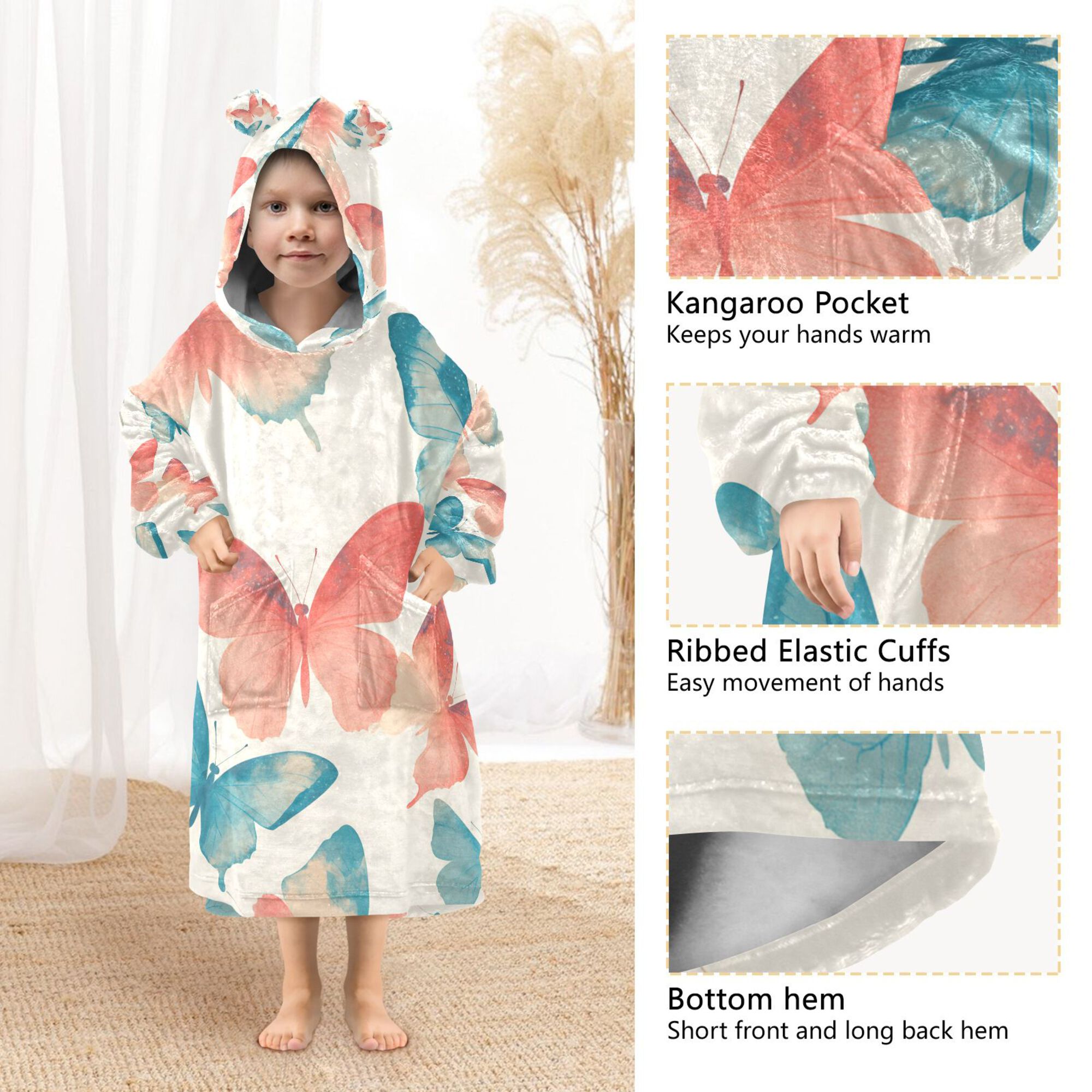FORMRS Wearable Blanket Hoodie with Sleeves for Kids Cozy Flannel Sweatshirt, Watercolor Butterflies