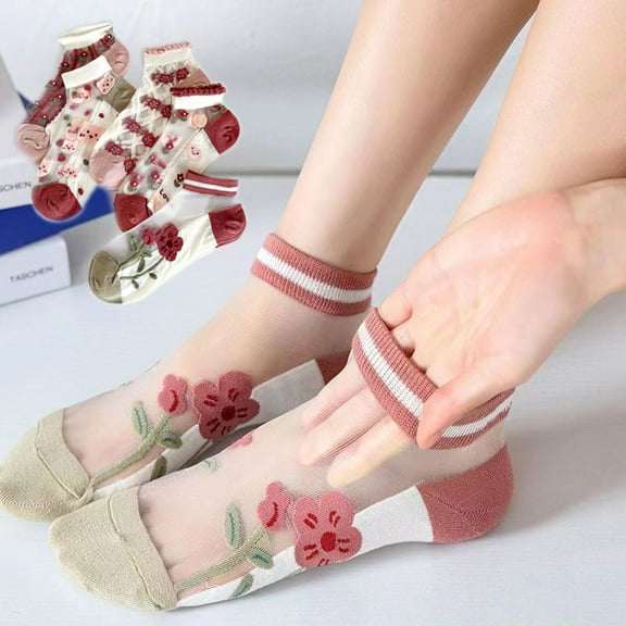 TAZAG 5 pairs of summer ice silk socks for women short tube cotton bottom crystal socks
