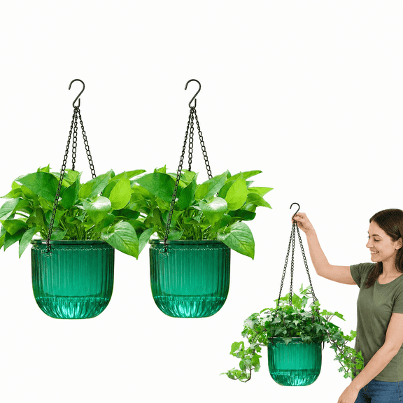 3 Pack Self Watering Hanging Planters, Clear Self Watering Hanging Pots with Drainage Holes, Small Clear Plant Pots for Indoor Plants, Emerald Vertical Rib Hanging Basket for Home Garden Outdoor Deco