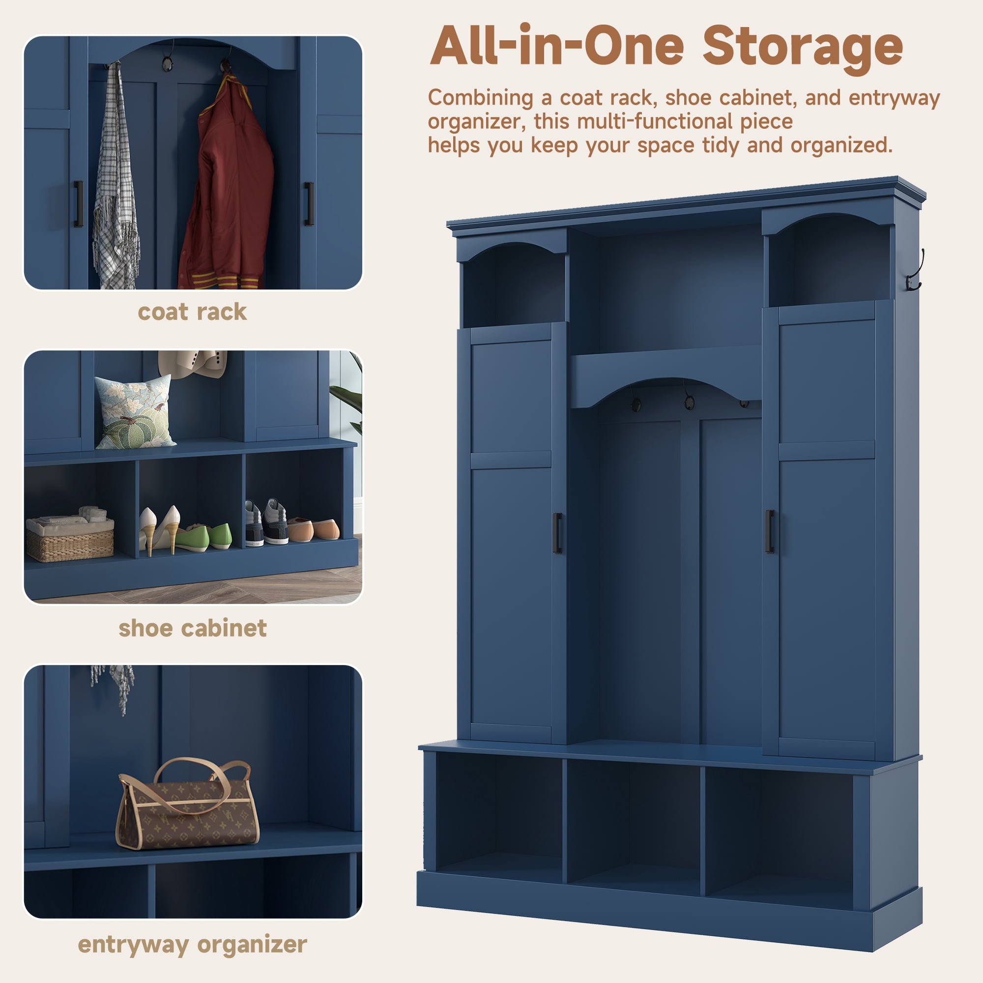 Mintazer All-in-One Farmhouse Entryway Hall Tree with Side Cabinets & Shoe Cubby Bench, Elegant Entryway Organizer with 7 Hooks & Adjustable Shelves for Mudroom Hallway, Blue