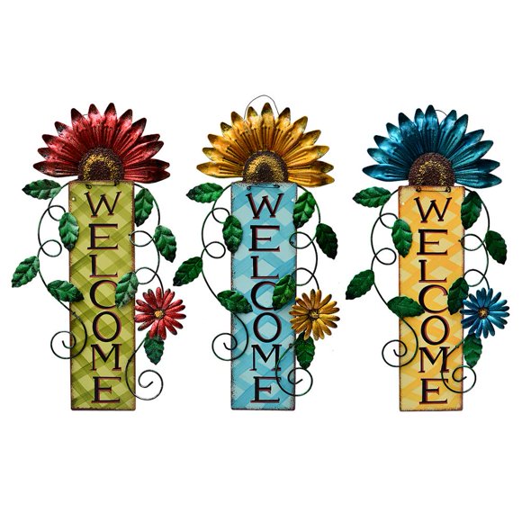 Attraction Design Welcome Sign for Front Door Decor Hanging Sign, Metal Flower Welcome Door Sign Wall Art Decor Hanging for Indoor Outdoor Patio Garden Yard Sign Porch Decoration 15.25X8.5In (3 Set)