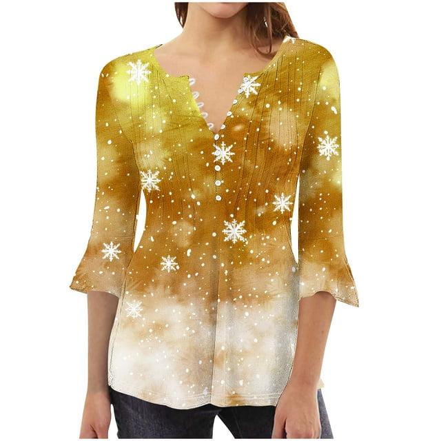 Camisetas con Cuello en V Mujeres Moda Impresa 3/4 Mangas Blusa, Top Cómodo Casual para el Hogar Y Diario