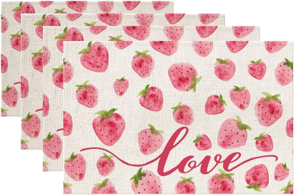 Valentines Day Pink Strawberry Placemats Set of 4 Indoor Decor for