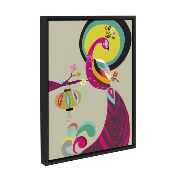 Kate and Laurel Sylvie Peacock Framed Canvas Wall Art by Rachel Lee of My Dream Wall, 18x24 Black, Mid-Century Colorful Bird Portrait Art for Wall