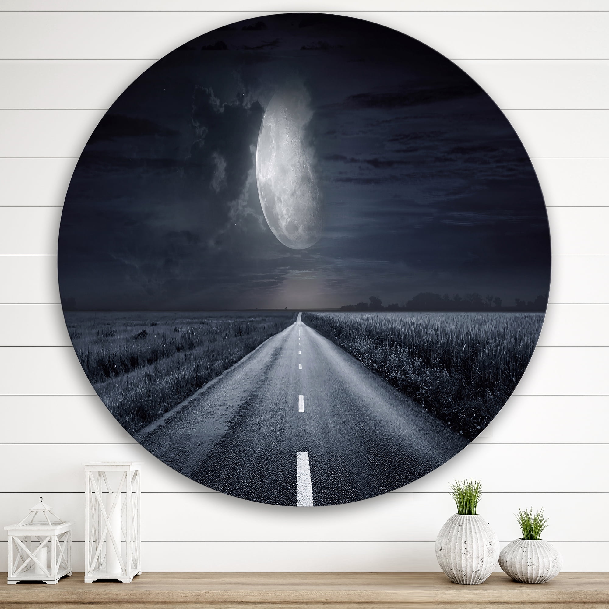 Designart 'Cloudy Full Moon Over Asphalt Road III' Nautical & Coastal Circle Metal Wall Art 36x36 - Disc of 36