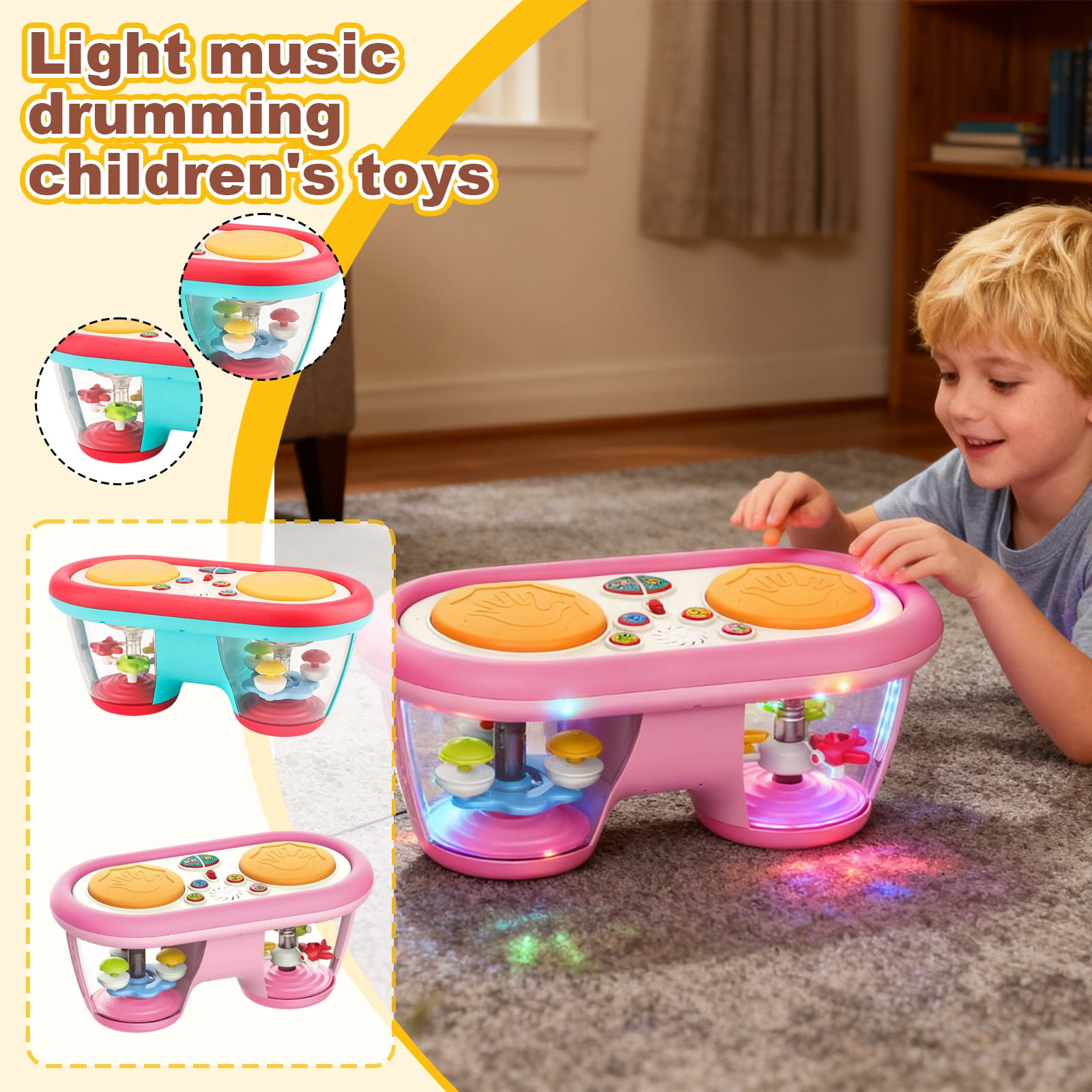 Tummy Time Toys 0-3-6-9 Months + Baby Toys 6-12 Months: Drum Musical Instruments Rotating Light Up Kids Toys, Baby Drum Set & Walker for 1 Year Old Boy Girl Pink