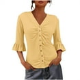thumbnail image 3 of Women's Solid Color Pleated Trumpet Sleeve Top T-Shirt Blouse Summer Casual Daily Wear Crewneck Mid Sleeve Fashion Essential Gift for Women | Aestivo,Beige L, 3 of 9