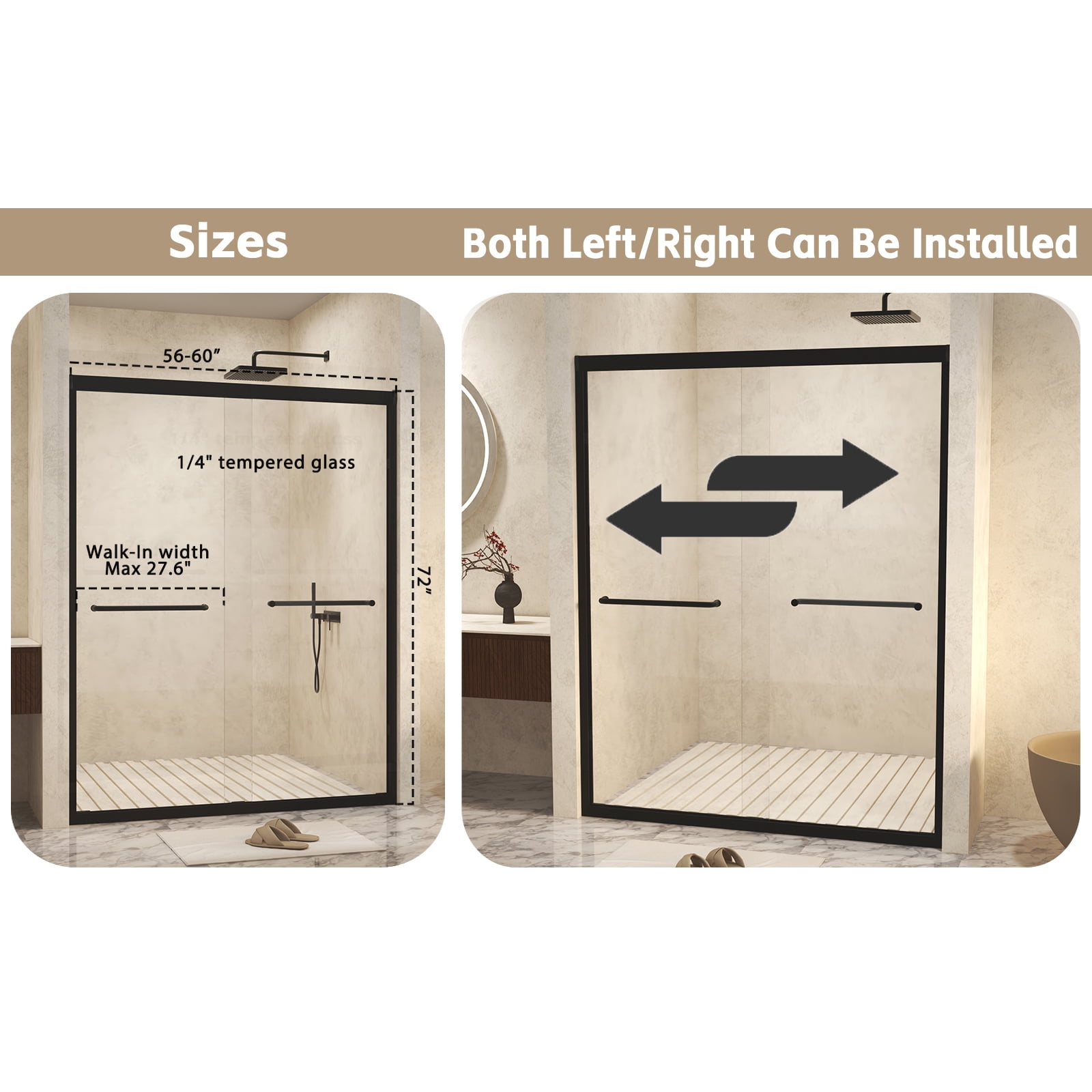 TrumanPick 56-60 "W x 72"H Explosion-Proof Film Glass Shower Door "1/4 (6 mm)Aluminum Frame Double Sliding Shower Door, Stainless Steel handle, Matte Black
