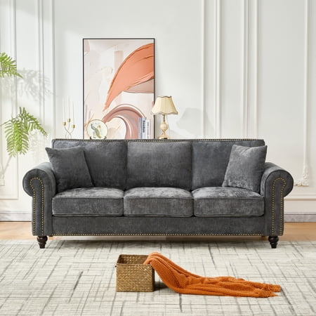 86" Modern 3-Seater Sofa with Rolled Arms,Chenille Upholstered Couch with Wood Legs and Nailhead Trim for Living Room, Apartment