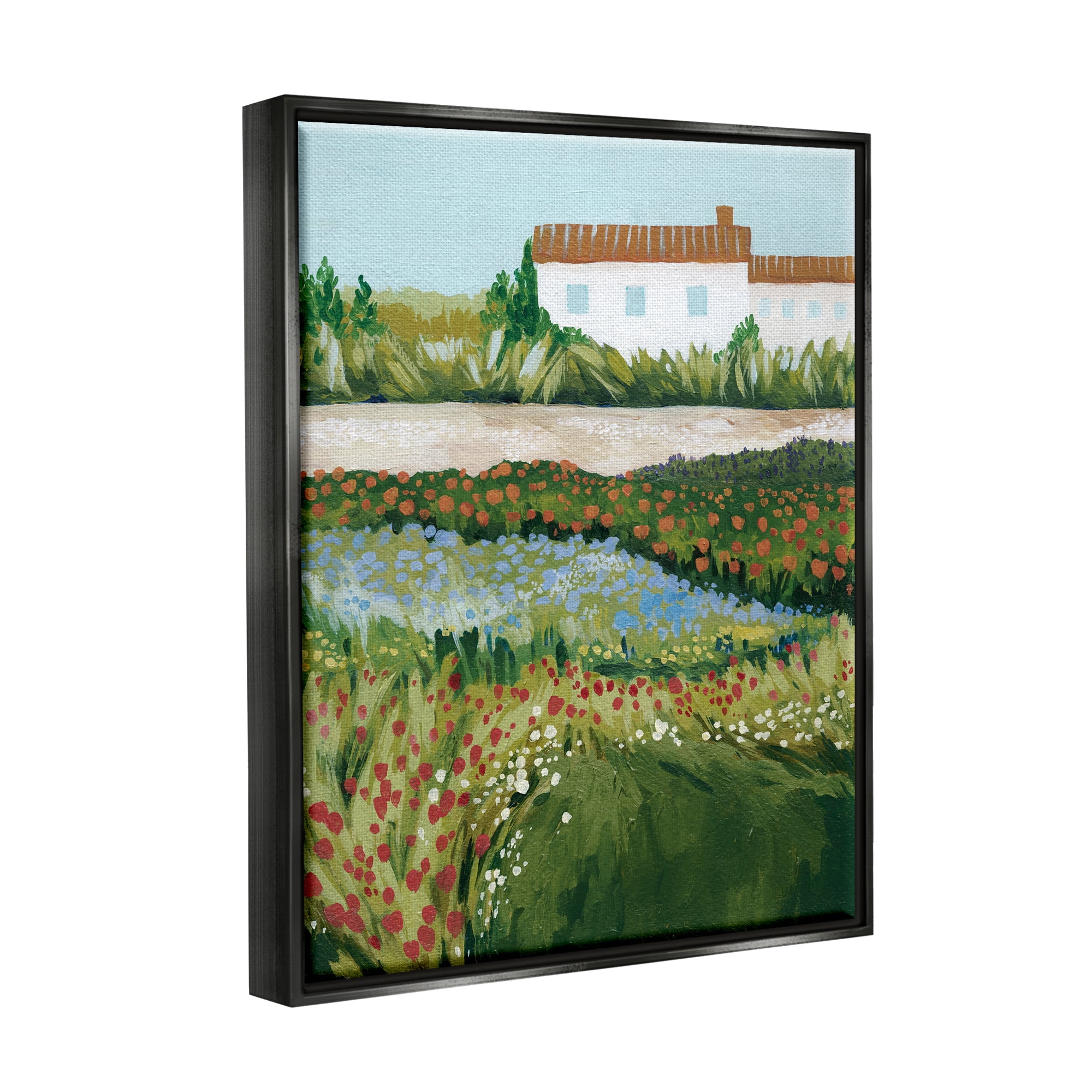 Stupell Country Cottage Meadow Road Landscape Painting Black Floater Framed Art Print Wall Art