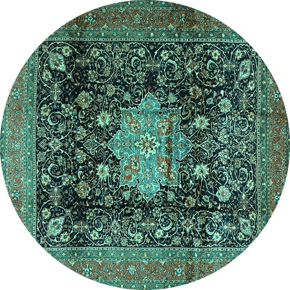 Ahgly Company Indoor Round Medallion Turquoise Blue Traditional Area Rugs, 4' Round