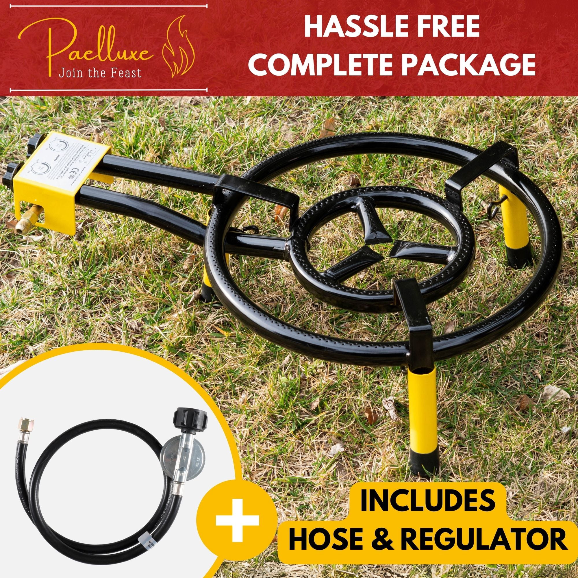 Paella Burner and Stand Set 16 Inch Dual Ring Propane Burner Outdoor Stove with Table Top Stand & Regulator, Portable Gas Cooker Wok Burner for Camping, Crawfish Boil Cooking Outdoor Paellera