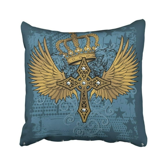 BOSDECO Rhinestone Royal Cross With Wings Design Celtic Metal Ornate Crown Tiger Distressed Floral Pillowcase Throw Pillow Cover Case 18x18 inches