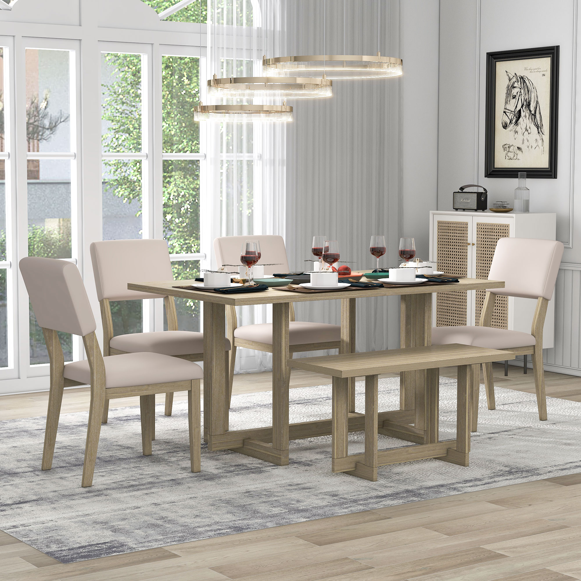 6 Piece Dining Table Set, 6Person Hshaped Support Design Dining Table