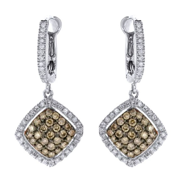 AFFY Round Cut Champagne & White Natural Diamond Square Dangle Earrings In 14K Solid White Gold (0.89 Ct) By