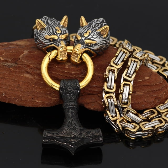 Collar de acero inoxidable con hebilla cuadrada de dos colores y cabeza de lobo para hombre, con martillo de Thor y doble color