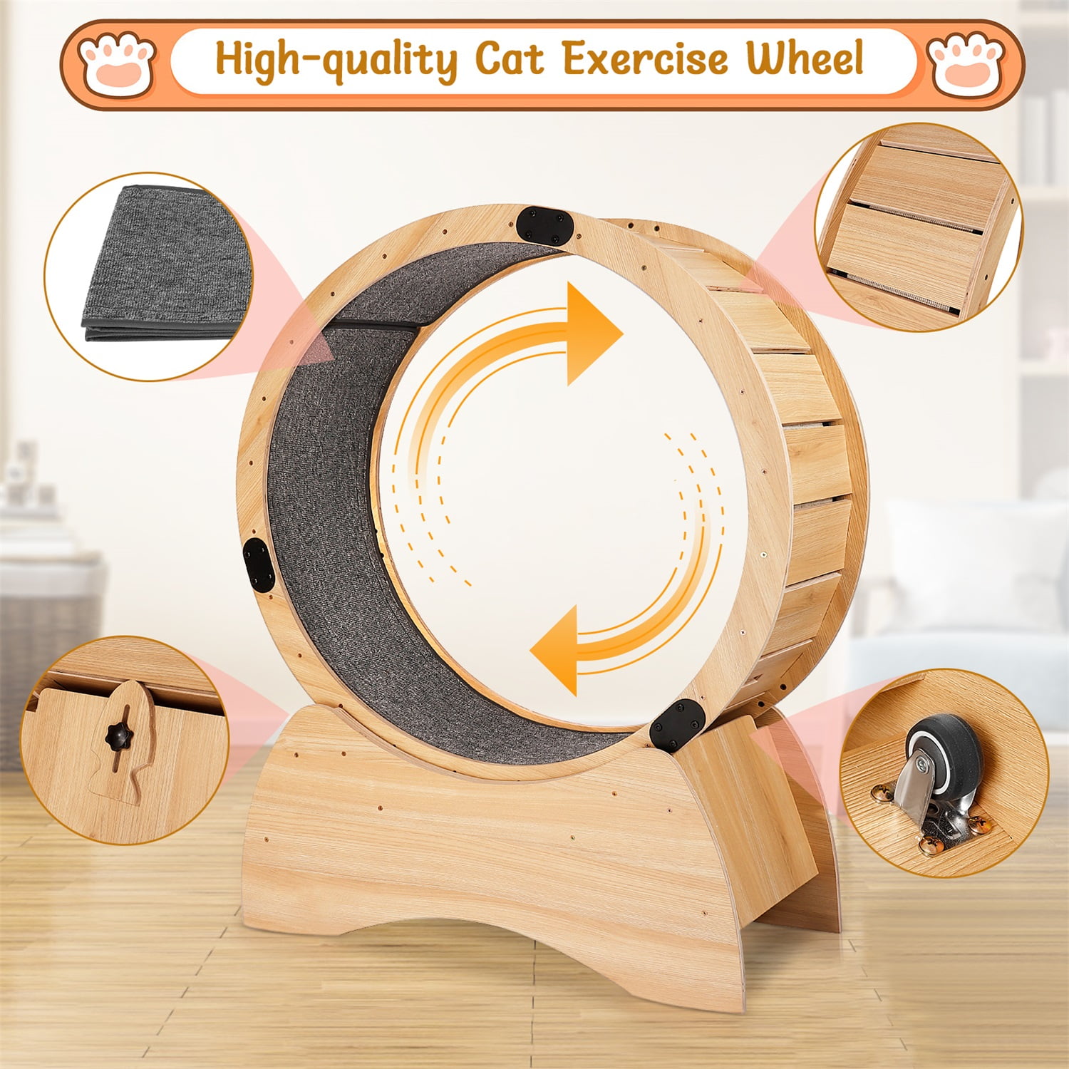Pefilos 34 Inch Round Cat Toy Hamster-Wheel Style Cat Wheel with Carpet Runway Exercise, Wooden Sisal-Covered Cat Scratcher Toy, Beige Pefilos 34 Inch Round Cat Toy Hamster-Wheel Style Cat Wheel with Carpet Runway Exercise, Wooden Sisal-Covered Cat Scratcher Toy, Beige