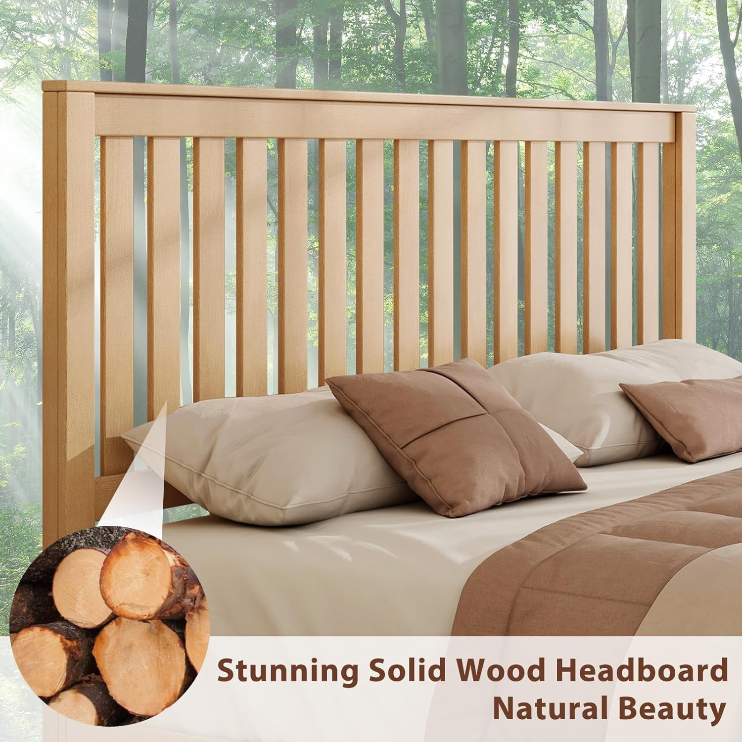 VanAcc King Size Bed Frame, Solid Wood Platform with Wooden Headboard for Bedroom, Natural