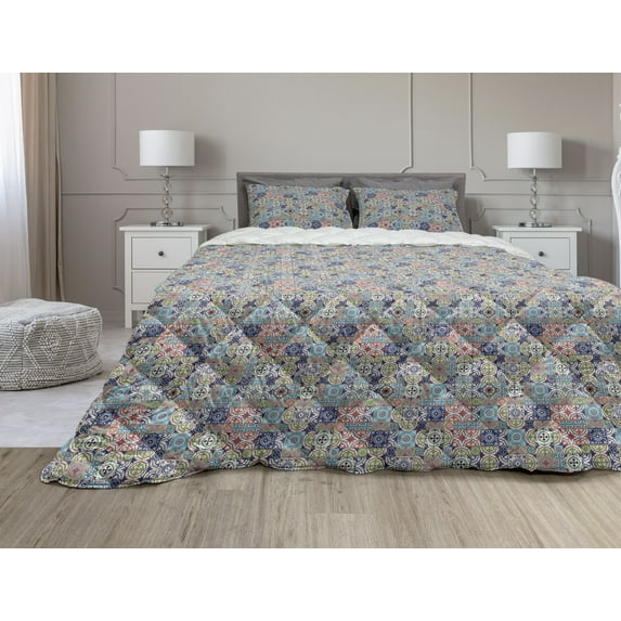 Moroccan Comforter & Sham Bedding Set, Geometric Squares and Rectangles Colorful and Complex Design Floral Arrangement, 3 pcs Duvet Set Microfiber Filling Quilt, 5 Sizes, Multicolor, by Ambesonne