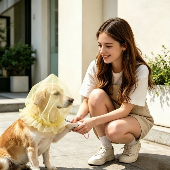 Protective Dog Mesh Head Cover – Anti-Eating Outdoor Pet Snood for Small Medium Dogs – Breathable Lightweight Net for Camping Travel & Walking(Yellow)