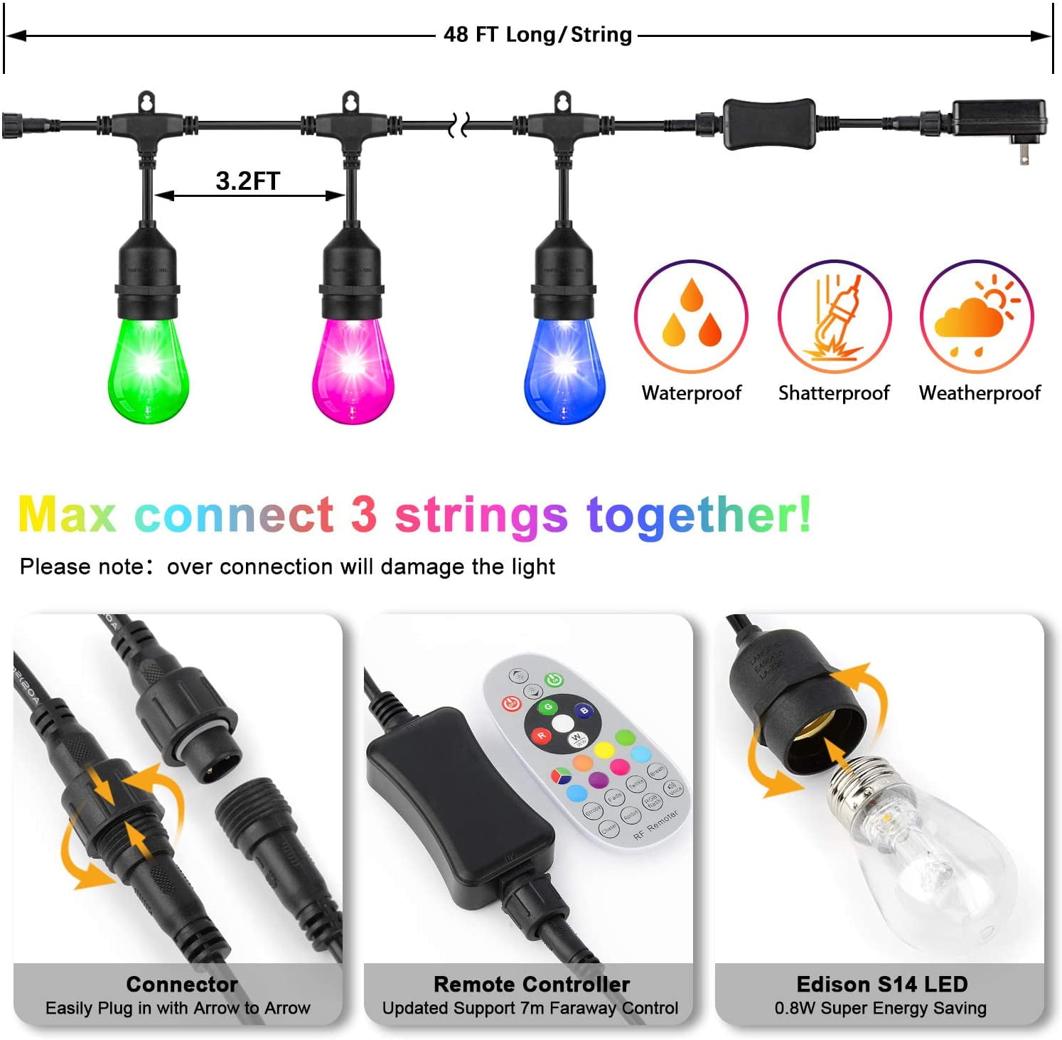 48ft Color Changing Outdoor String Light with Shatterproof LED Bulbs Remote Control Weatherproof for Patio Backyard Garden Party