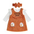 thumbnail image 3 of AUDeals Baby Girl Halloween Outfit Long Sleeve Ruffle Romper Ghost Embroidery Overall Dress Headband Cute Fall Clothes ﻿ (Orange, 0-3 Months), 3 of 9