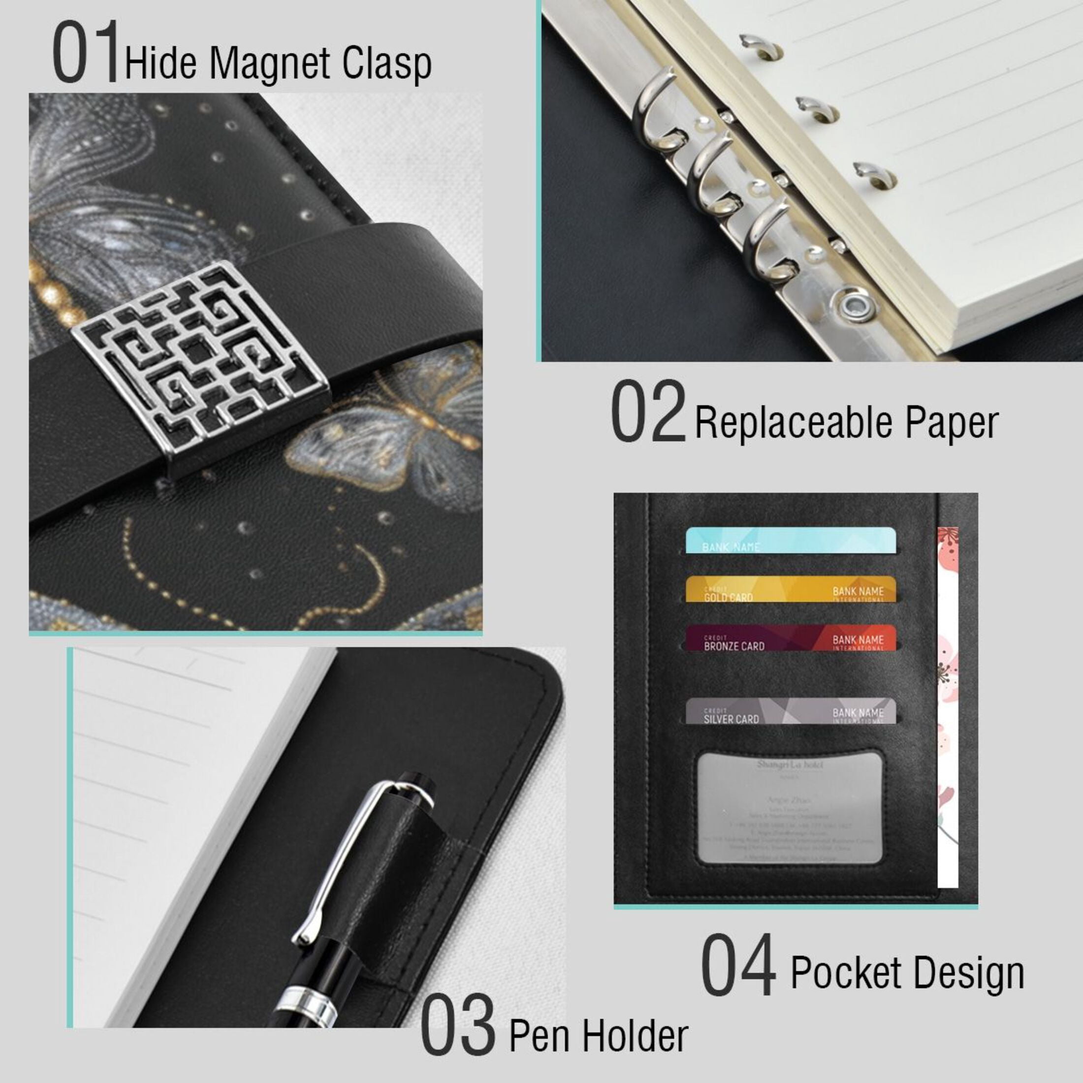 Leather Planner Leather Notebook Notebook Journal Binder Design Pen Pocket Design Convenient for Storage Black and Gold Butterflies