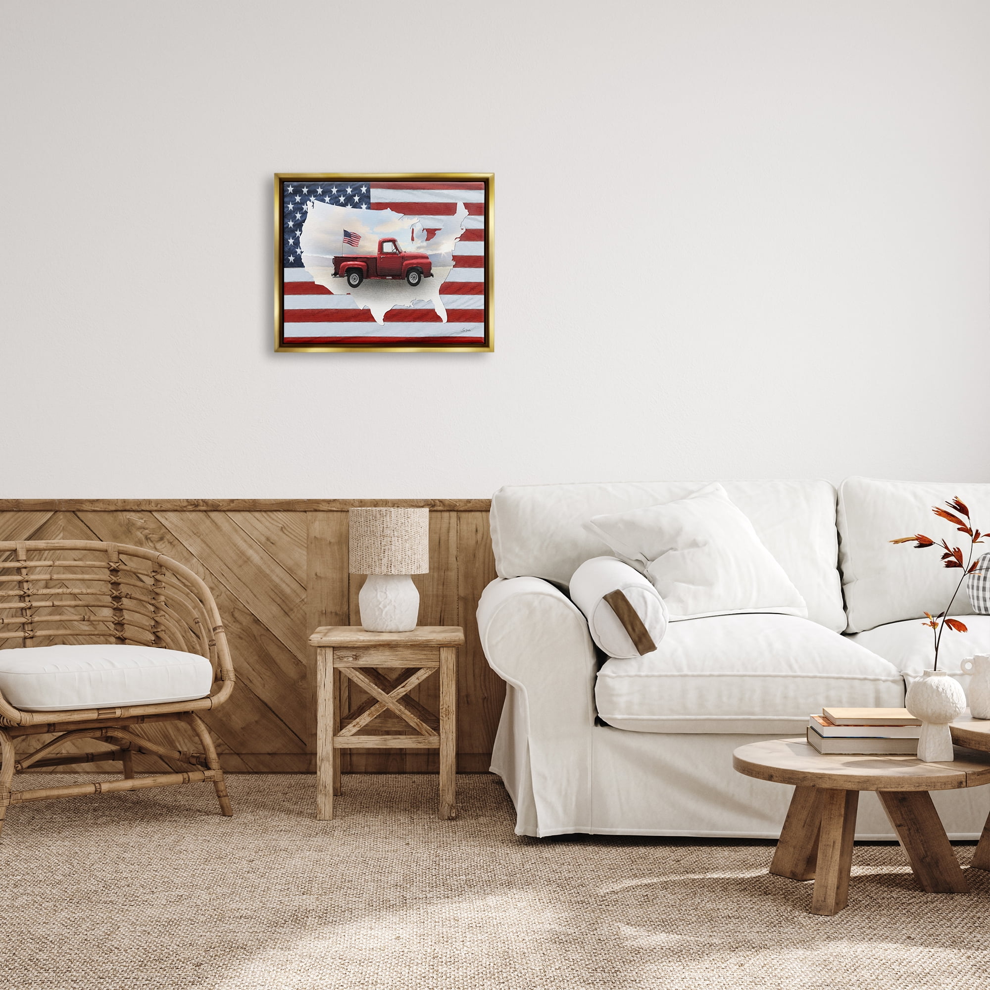 Stupell Industries Farmhouse American Flag Transportation Painting Gold Floater Framed Art Print Wall Art, 21 x 17