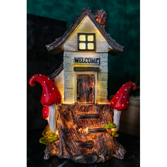 Fairy Garden LED Light Up Cottage Tree House With Toadstool Mushrooms Figurine