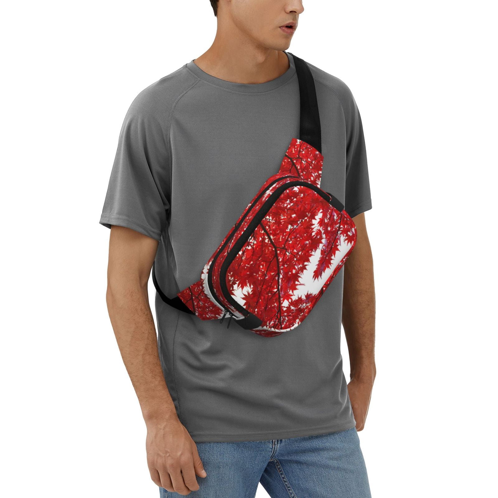 Picia Red Maple Leaf Print Square Double-Layer Waist Bag Mini Adjustable Waist Belt Bag Exercise Running Travel Hiking