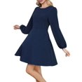 thumbnail image 3 of Women's Puff Sleeve Work Dresses Spring Long High Waist Line Short Dress for Casual Business Navy Blue L, 3 of 10