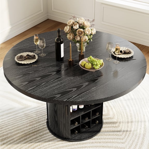 Black 47" Round Dining Table for 4-6 | Kitchen Table with Wood Slide Door & 3-Layer Storage Shelf for Dining Room Living Room,(Chairs are not included)