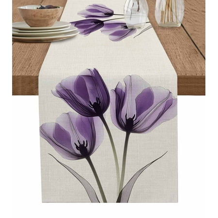 

Table Runner Dresser Scarf 13 x 70 Inch Spring Retro X-ray Image of Purple Tulips Flower Leaf Beige Table Runners Non-Slip Heat Kitchen Dining Table Decor for Indoor Outdoor Home Party Decoration