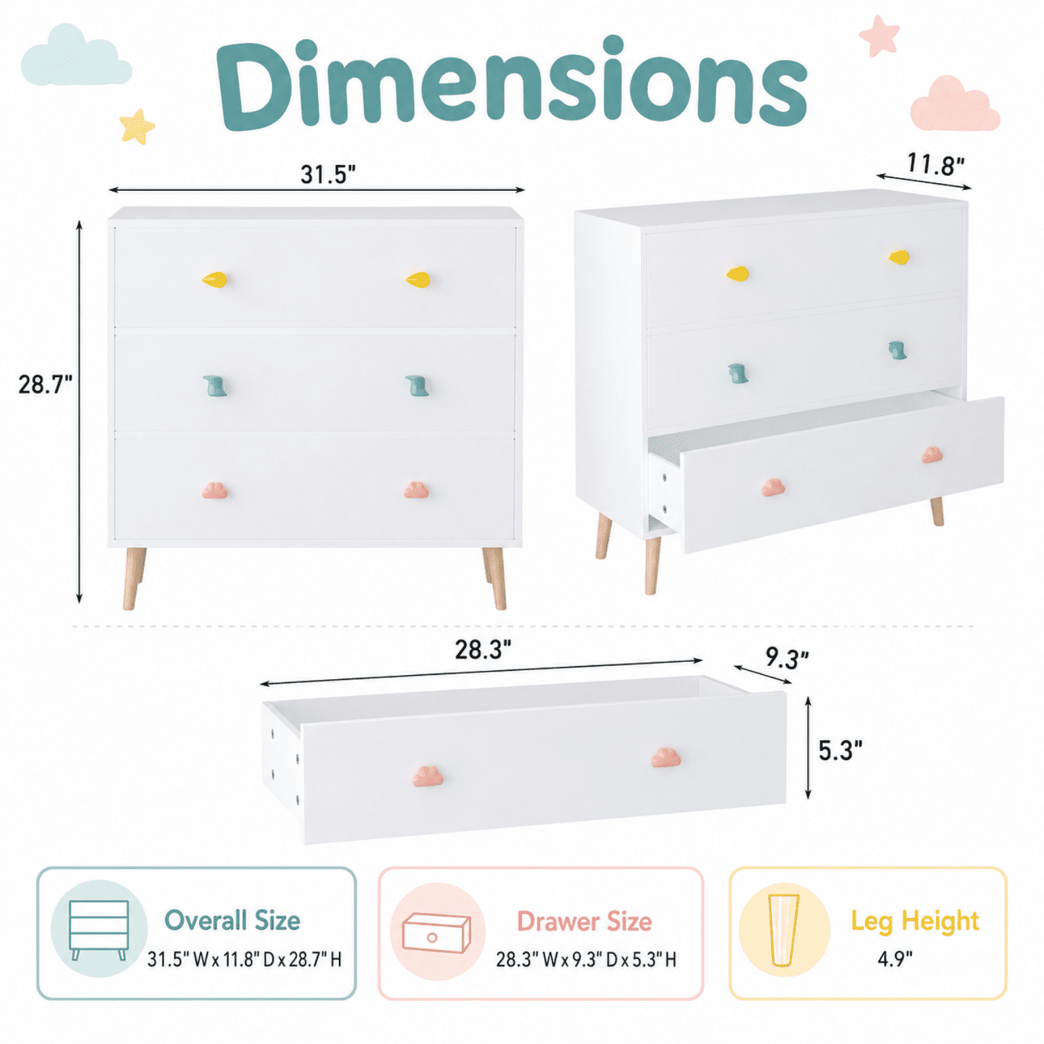 Miniyam Drawer Dresser with Glides & Safety Design for Kids Bedroom, White