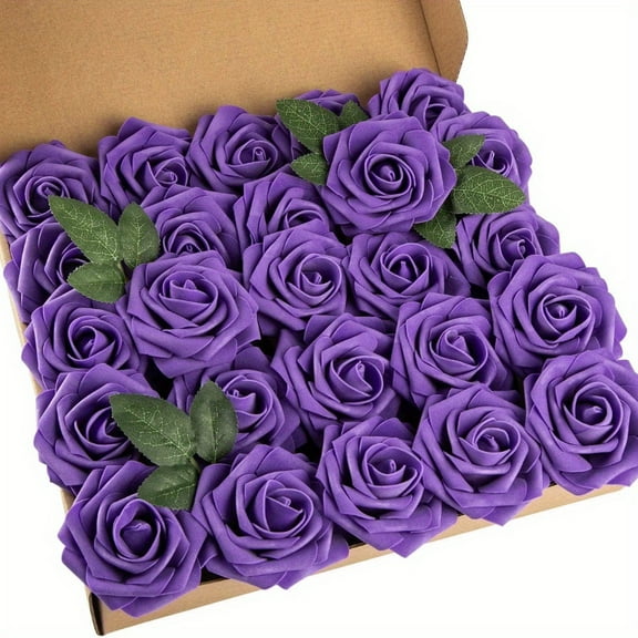 50pcs Purple Artificial Rose Flower Foam Rose Real Touch Roses Flower Heads with Stem for DIY Wedding Bouquets Centerpieces Arrangements Party Baby Shower Home Decor (Deep Purple)
