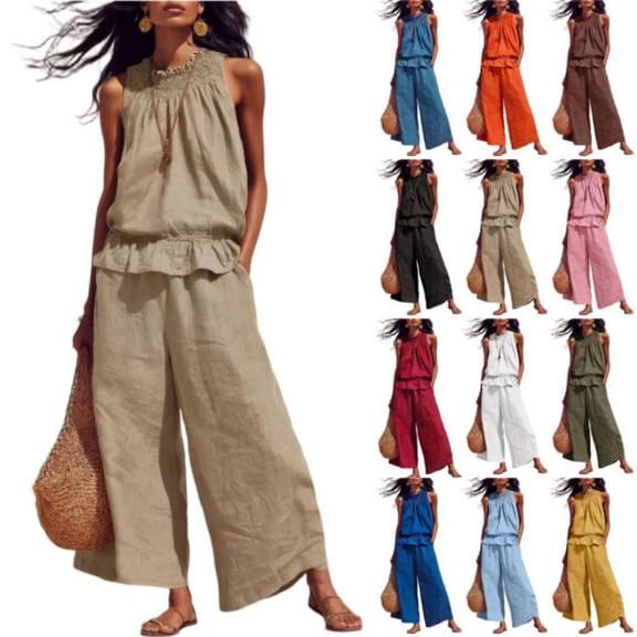 Qwertyu 2 Piece Outfits Sleeveless Ruffle Top Wide Leg Pants Two Piece Linen Sets for Women Summer Boho for Vacation & Home Khaki XL