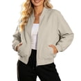 thumbnail image 5 of Zpanxa Bomber Jacket Women Short Plus Size Zip Up Stand Collar Casual Coat with Pockets Khaki 5XL, 5 of 7
