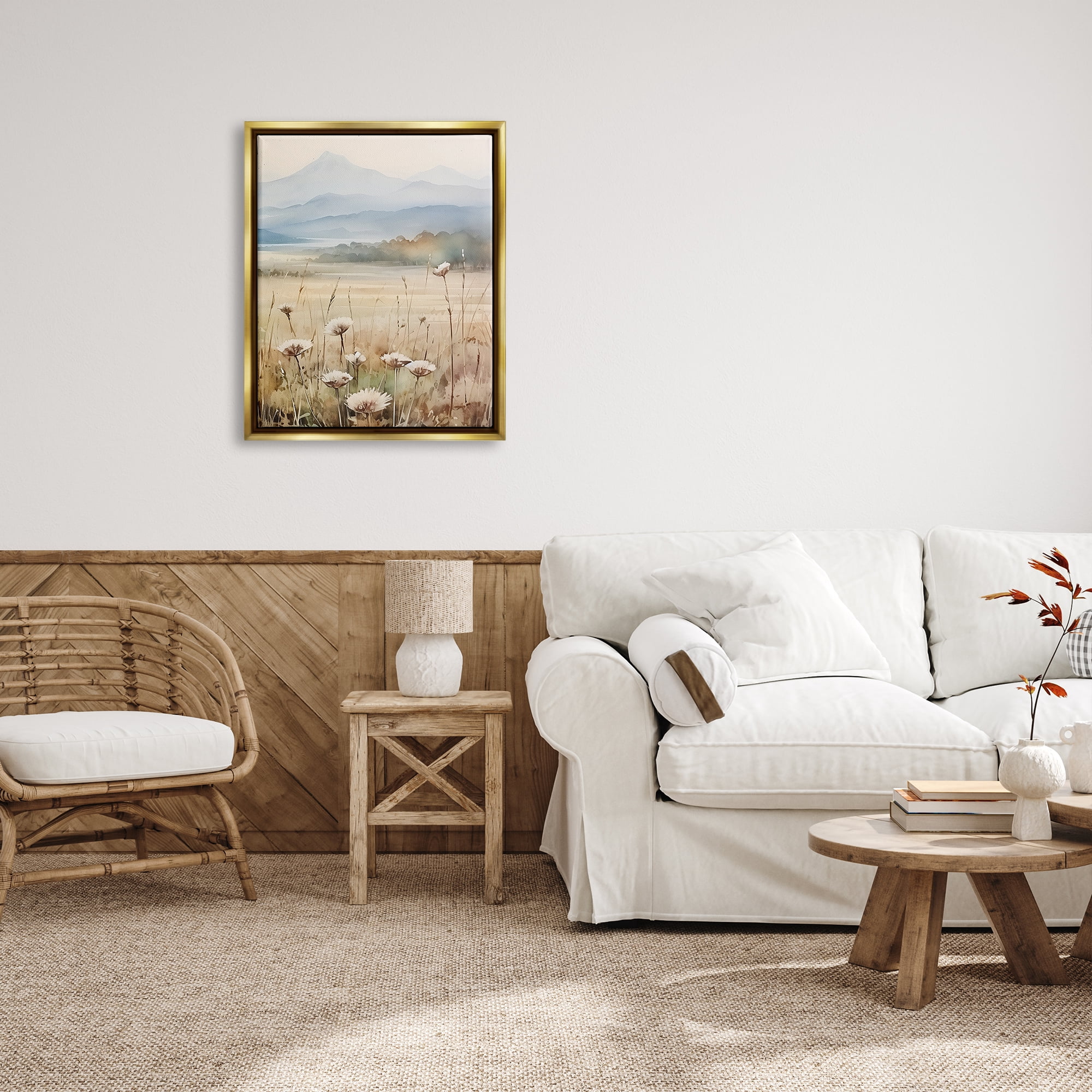 Stupell Industries Foggy Peaks Landscape Landscape Painting Gold Floater Framed Canvas Art Print Wall Art, 25 x 31