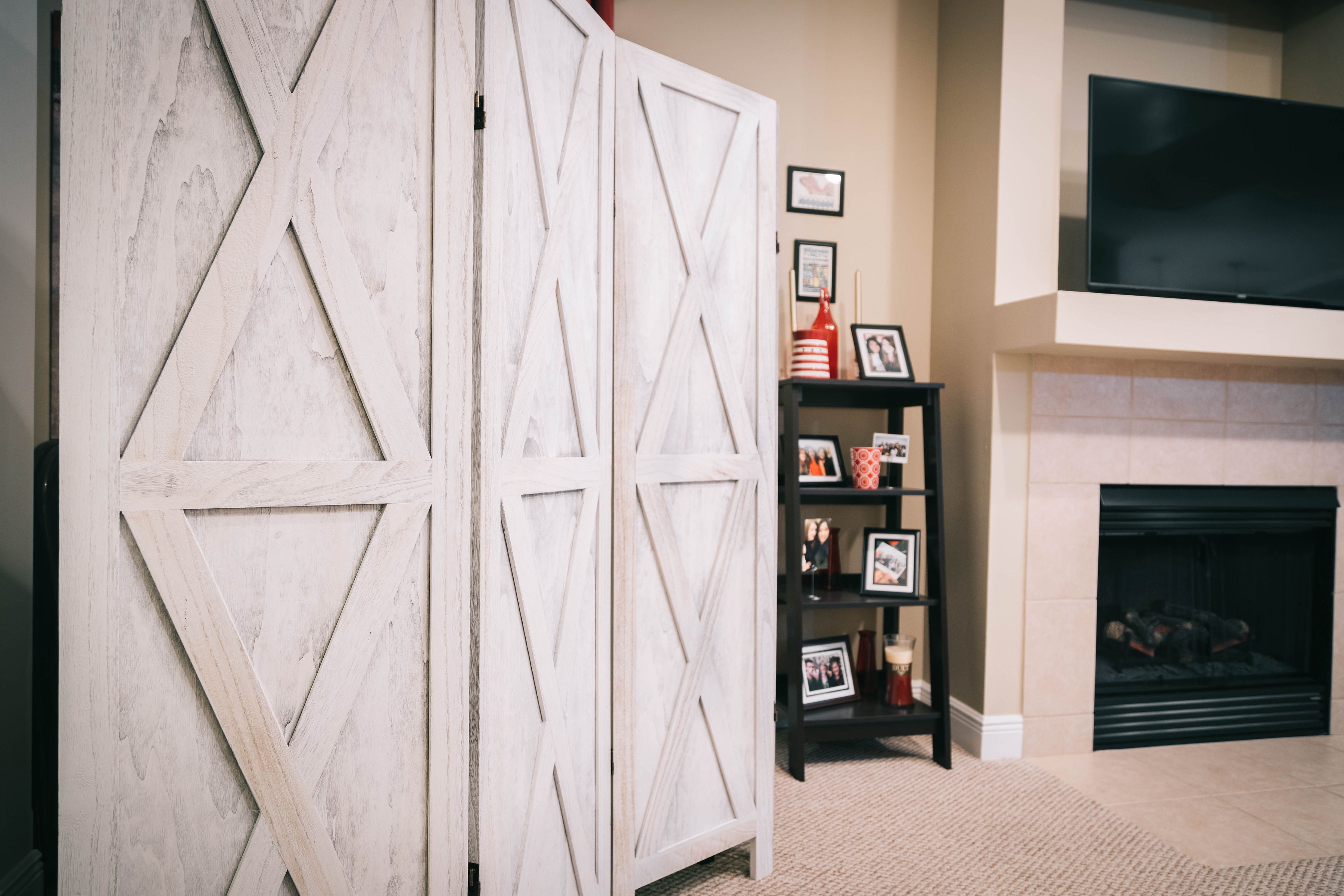 Premium Home 6-Panel Room Divider – Rustic White Barn Door, X Pattern Folding Privacy Screen, Partition Wall
