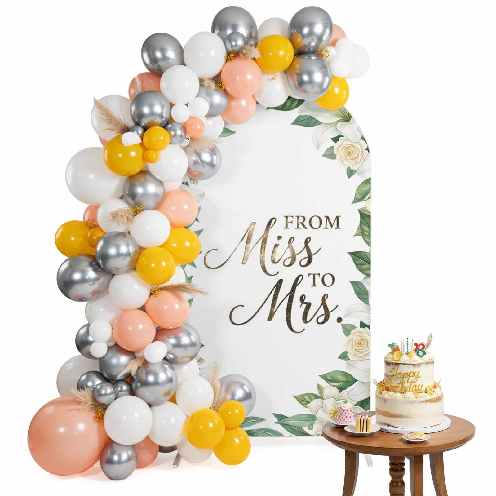 From Miss To Mrs Arch Backdrop Cover 6.6 Ft Wedding Party Floral White Flowers Leaf Spandex Fitted Stretchy Arch Cover, Round Top Chiara Backdrop Cover for Wedding Birthday Baby Shower