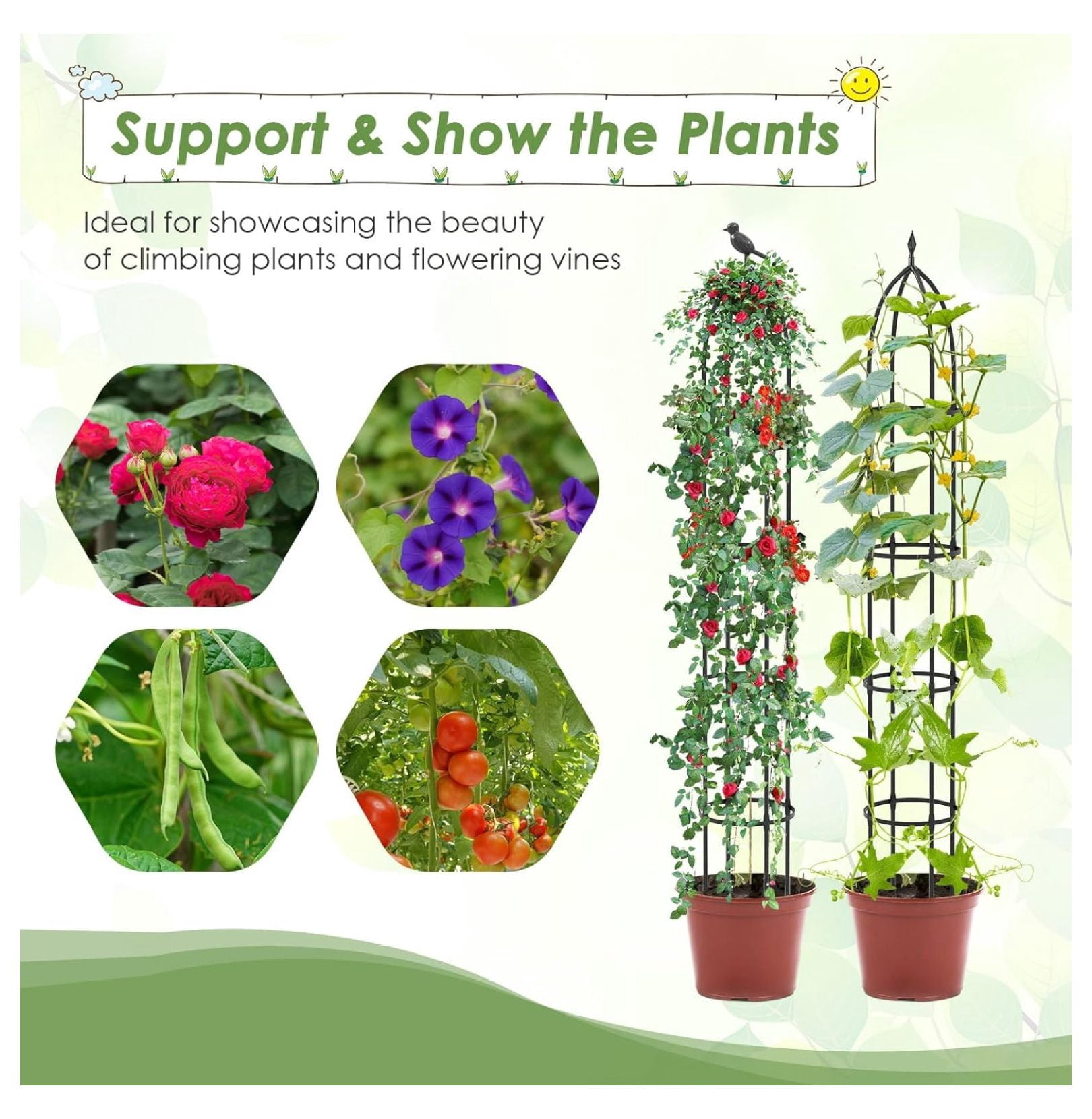 Garden Trellis for Climbing Plants, 78” Tall Metal Obelisk Trellis w/Adjustable Height, Gloves, Cable Ties, 2 in 1 Plant Cages & Supports for Flowers, Vegetables, Vines Indoor Outdoor