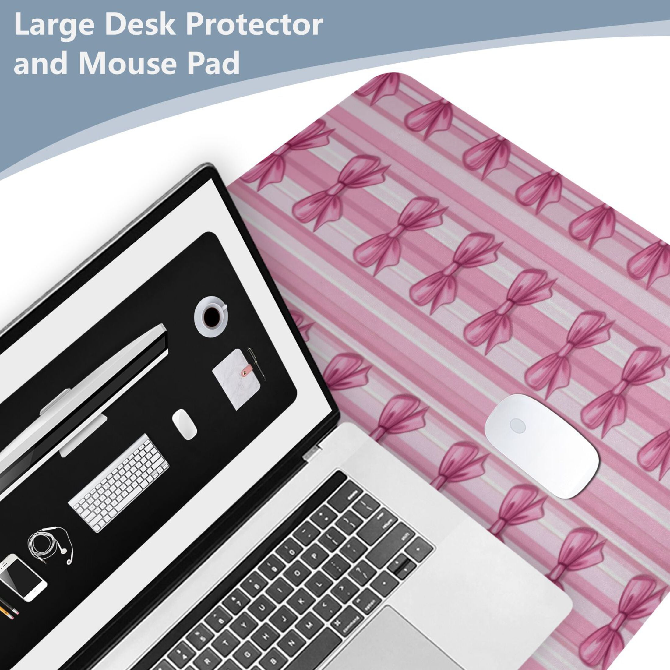Leather Keyboard and Mouse Desk Mat Office Desk Accessories Protective Office Desk Decor Desk Pad Mat for Gaming, Work from Home, Office Pink Bows 23.6" x 47.2"