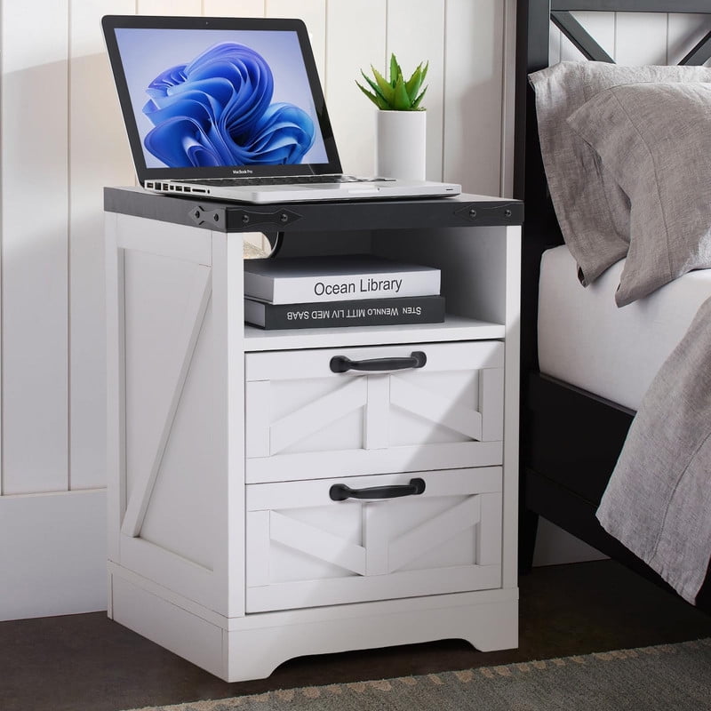 TROPOW Bedside Tables with Charging Station, 2 Drawers, USB & Type-C Ports, Industrial Bedside Table with Storage – End Tables for Bedroom or Living Room, White Color