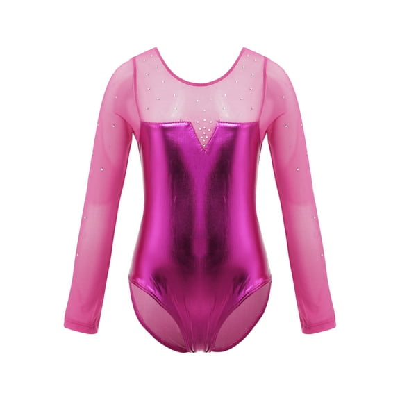 YEAHDOR Kids Girls Sequined Gymnastics Dance Leotard Long Sleeve Sparkle Rhinestone Metallic Bodysuit Rose 10
