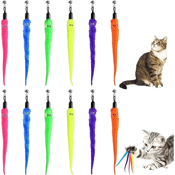 Cat Worm Toy Refills Set with Teaser Toys – Assorted 12 Pack, Catnip Scented Replacement Wands for Interactive Play, Kitten & Adult Cat Toys – Multicolor