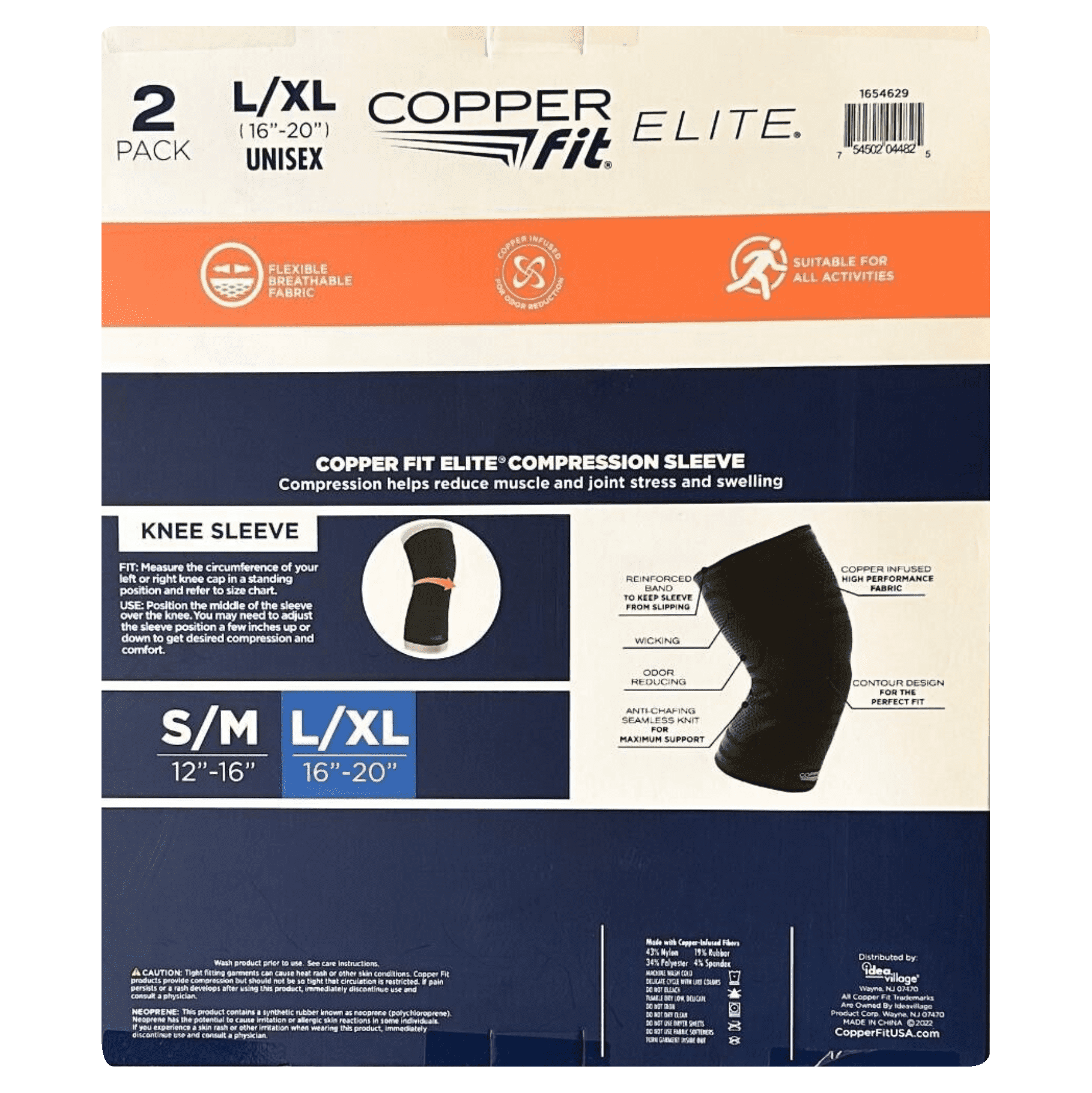 Copper Fit Elite Large Odor Reducing Copper-Infused Knee Compression Sleeve Flexible, Black