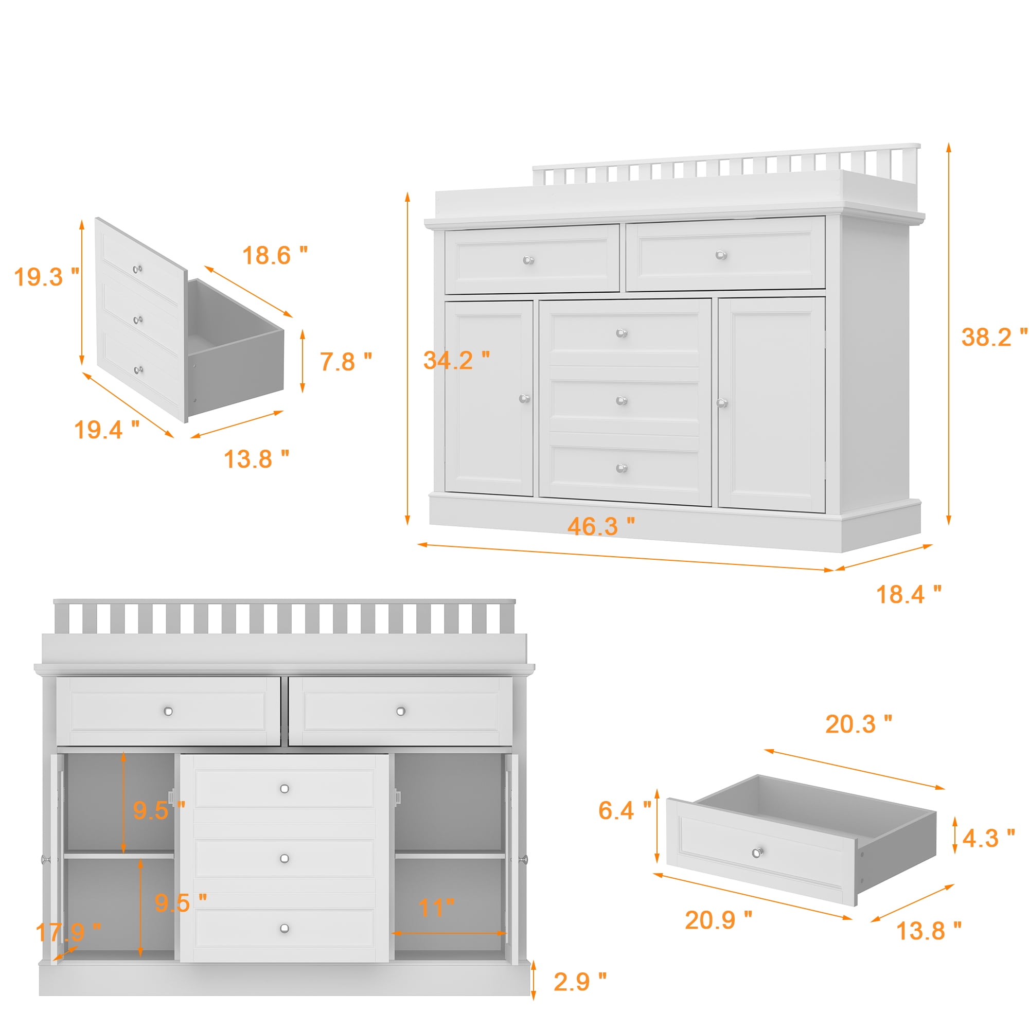 KULAGAGA 46" Dresser with Changing Table Top, White Dresser with Storage Drawers and Doors for Nursery, Multifunctional Dresser with Changing Station, Storage Cabinet for Kids Room