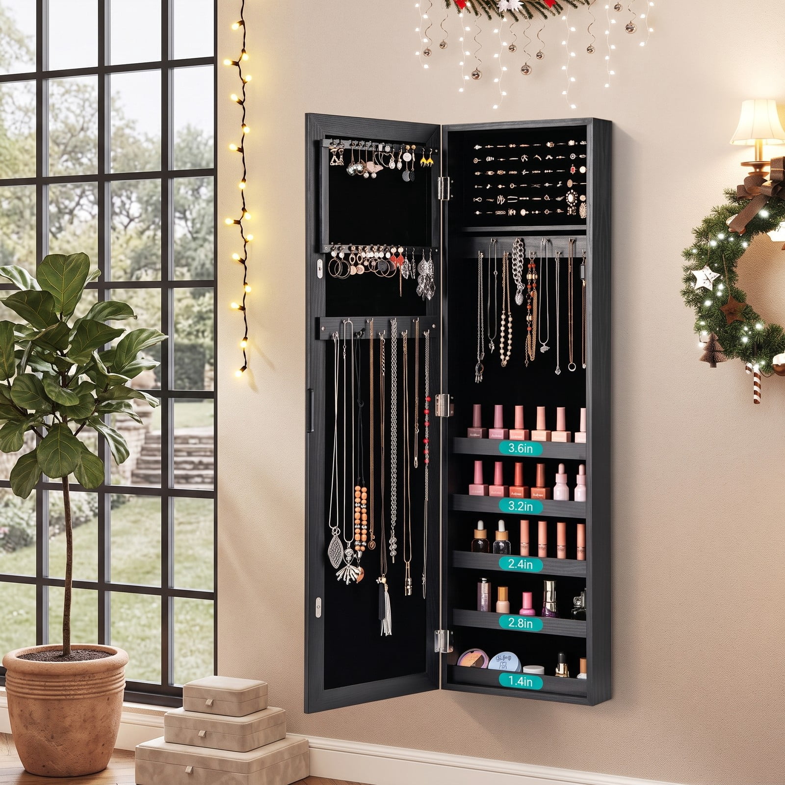 Furnibear Wall and Door Mounted Armoire Jewelry Cabinet with Full-Length Mirror and Velvet Lining for Bedroom Storage, Black